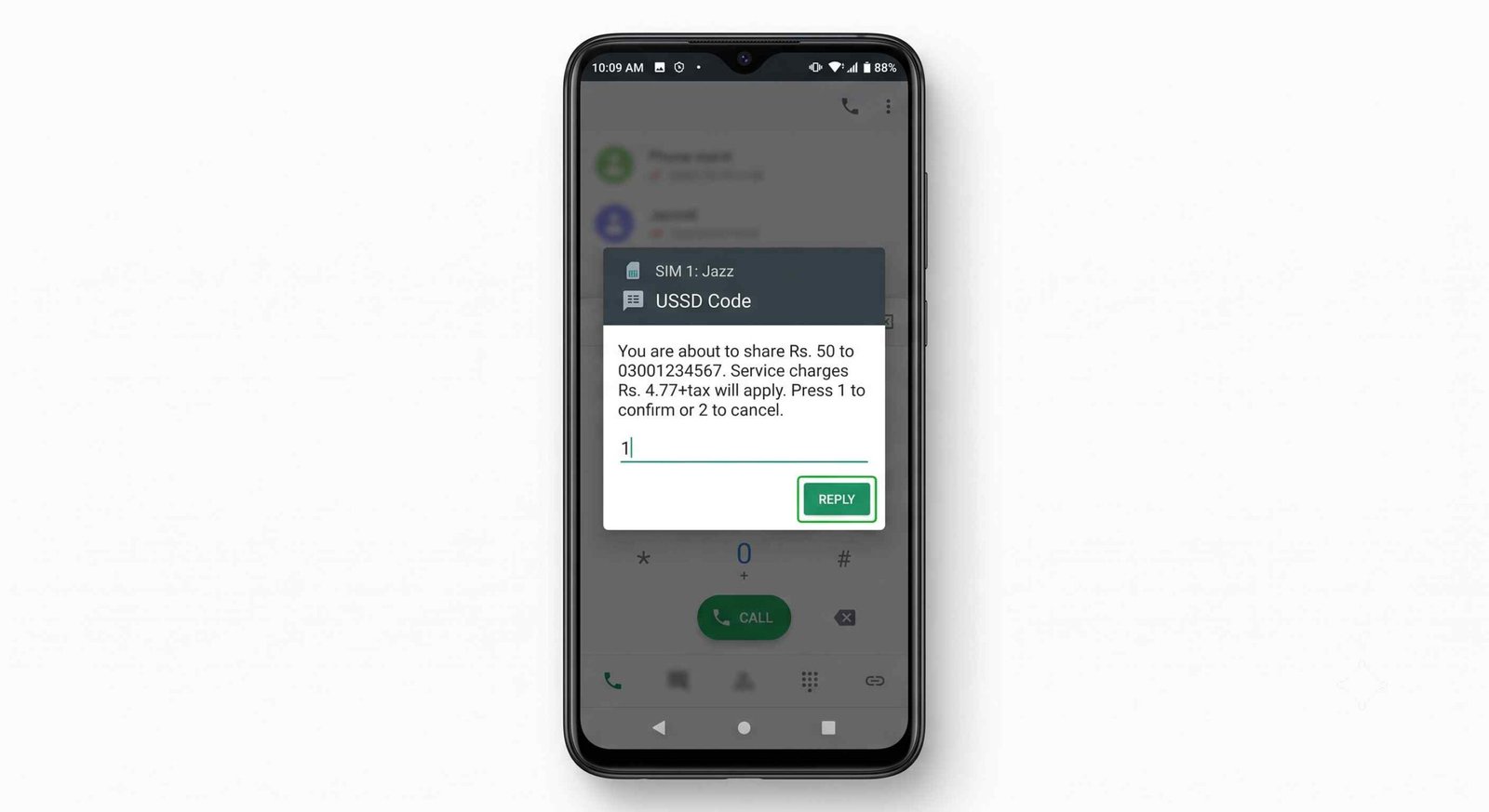 Jazz balance share confirmation message — press 1 to confirm
