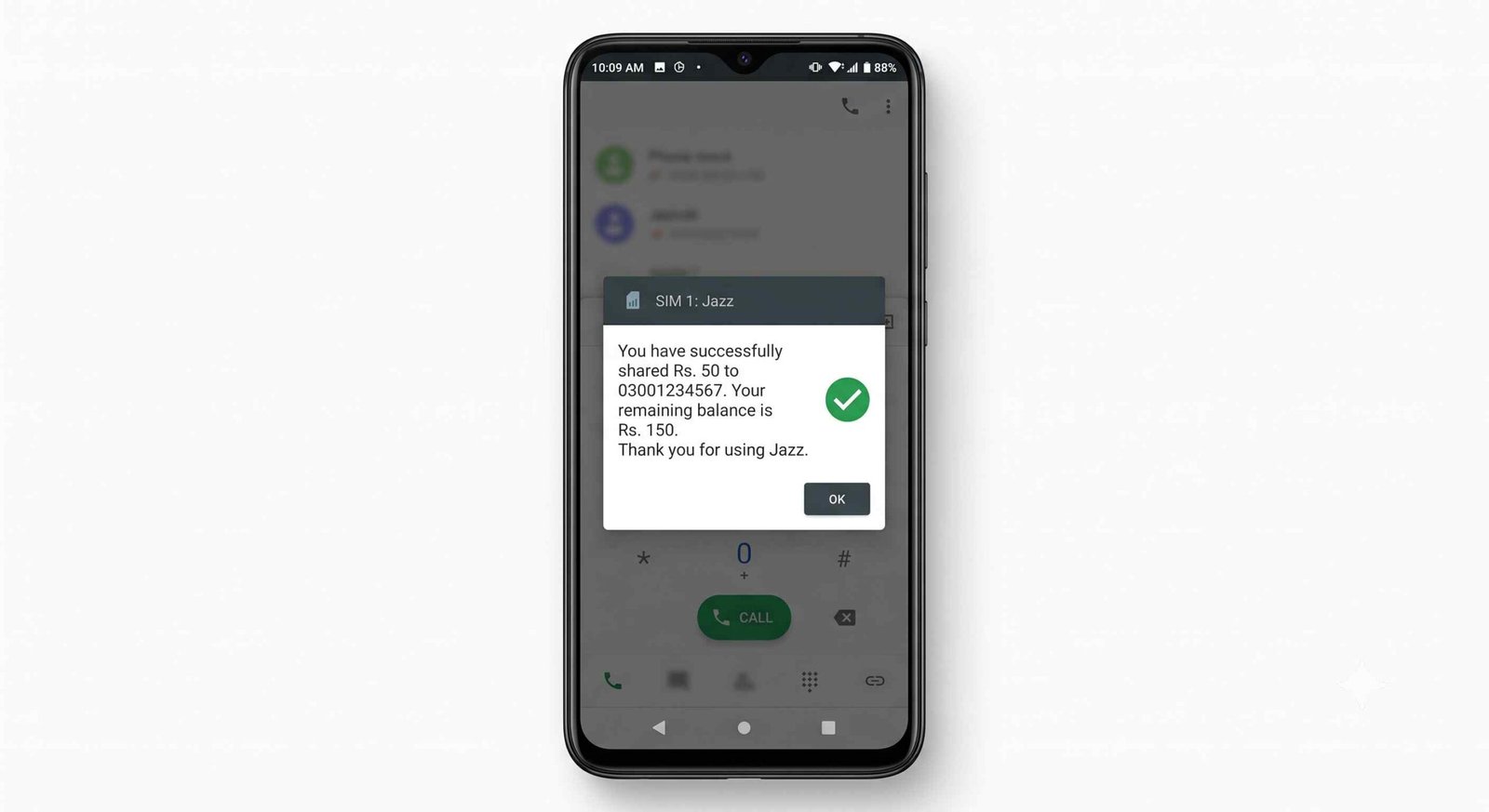 Jazz balance share success confirmation message