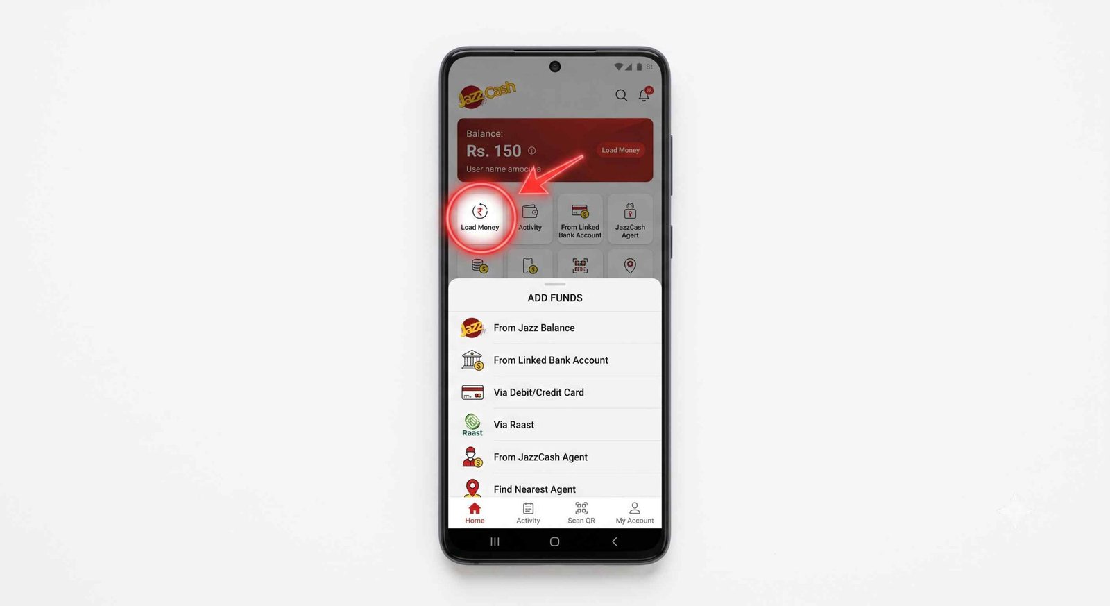 JazzCash app Load Money from Jazz Balance option