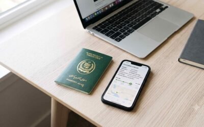 Pakistani passport next to a phone showing passport tracking status online