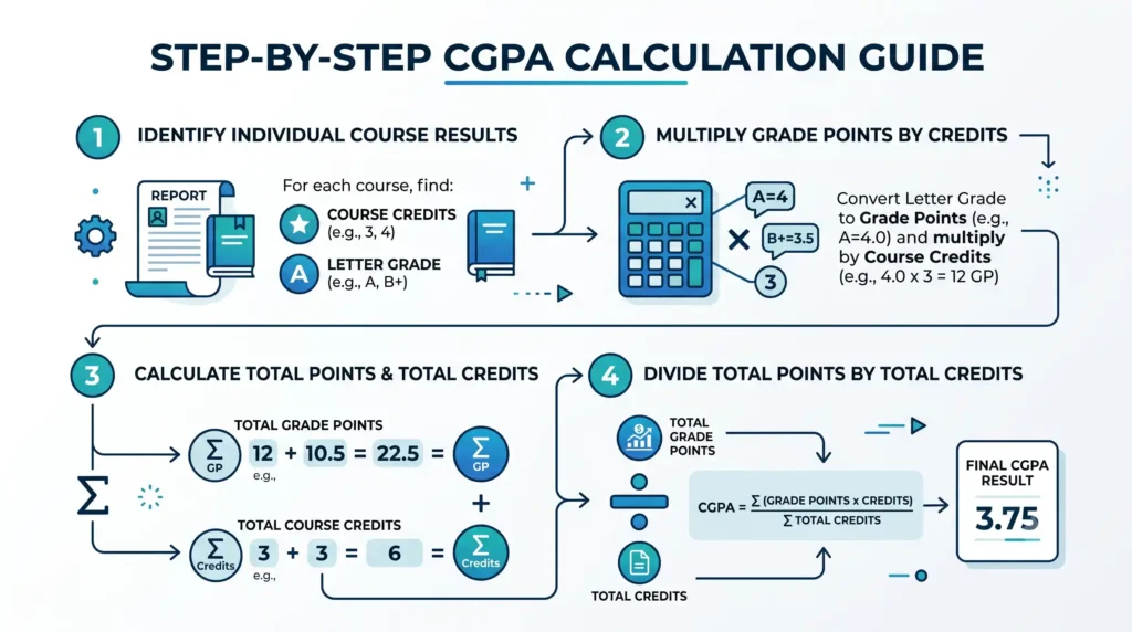Step-by-step formula diagram showing how to calculate CGPA out of 4 using credit hours and grade points
