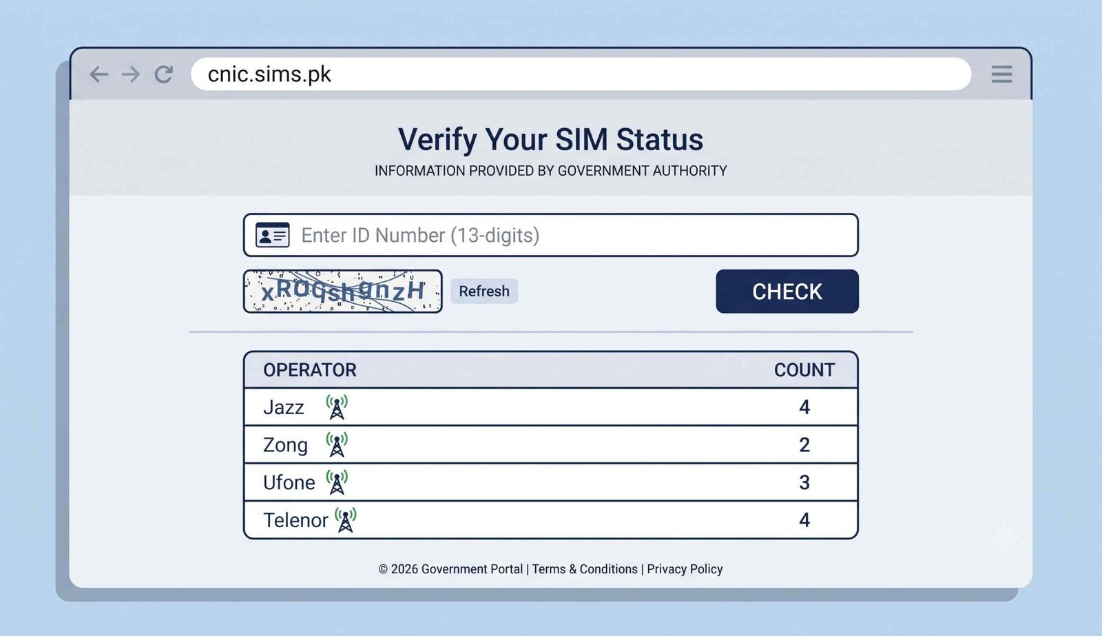 Check SIMs on CNIC online through PTA portal showing count per network