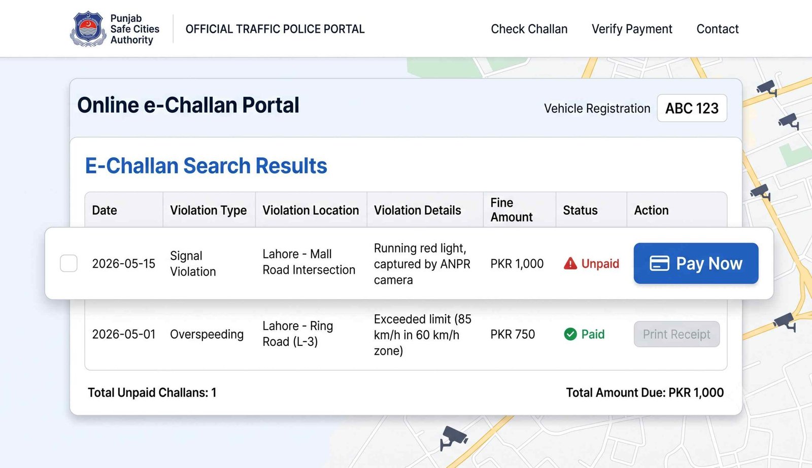 PSCA e challan results showing over-speeding violation and PKR 2,500 fine