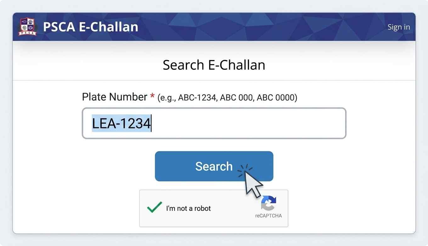 Entering vehicle registration number LHR 2463 on PSCA e challan portal