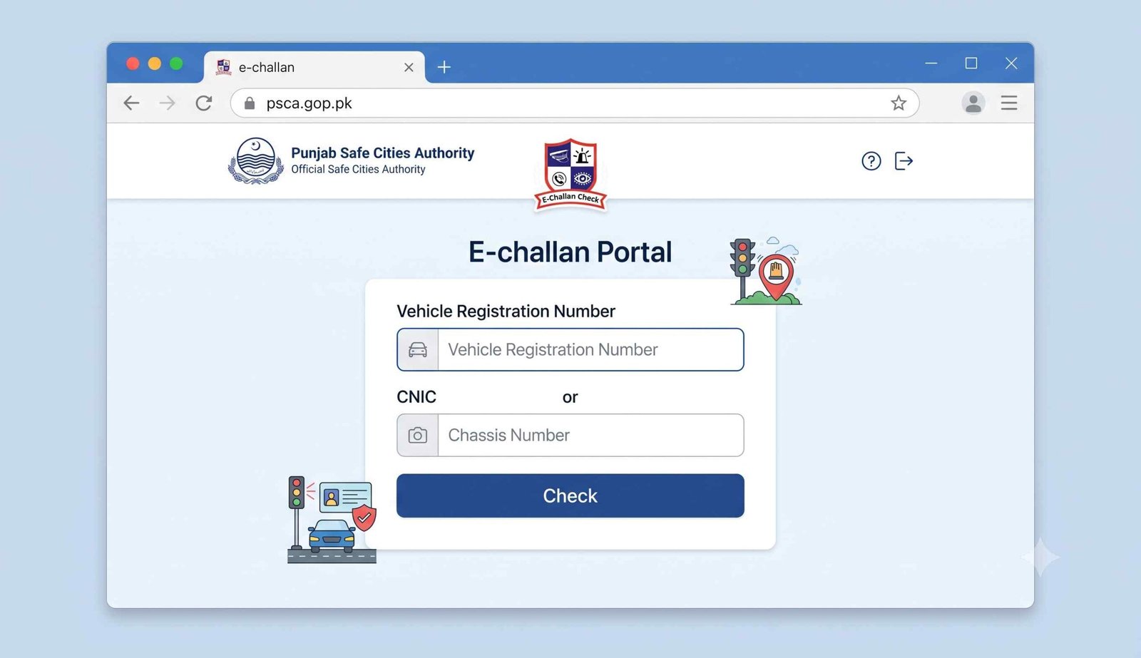 PSCA e challan Punjab website with vehicle number and CNIC input fields