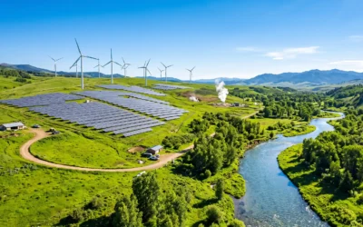 Solar panels and wind turbines on a green hillside representing zero-emission green energy sources