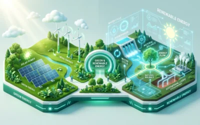 Visual comparison concept between green energy sources and renewable energy systems showing solar panels and wind turbines in a green landscape