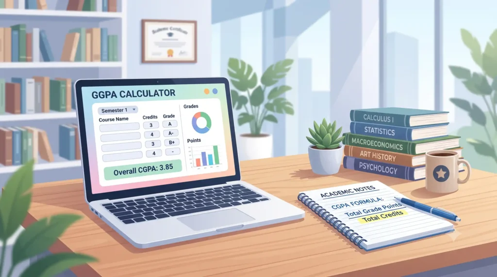 A student calculating CGPA on a laptop next to grade point conversion formulas