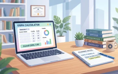A student calculating CGPA on a laptop next to grade point conversion formulas