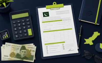 Pakistan income tax calculator with rupee notes and tax form illustration