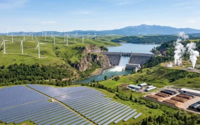 Solar panels, wind turbines, hydroelectric dam, and geothermal vents representing the main types of renewable energy sources